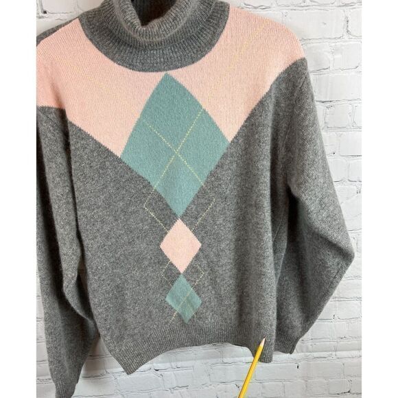 TALBOTS VTG argyle lambswool angora rabbit gray turtleneck sweater pullover M - Picture 7 of 8